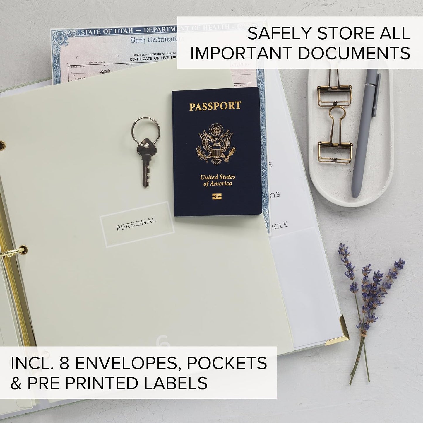 Important Document Organizer Set with Folders - Complete Linen Ring Binder Set Safely Stores All Documents & Files in One Place - Easy to Use Expanding Storage Incl. Envelopes, Pockets & Labels