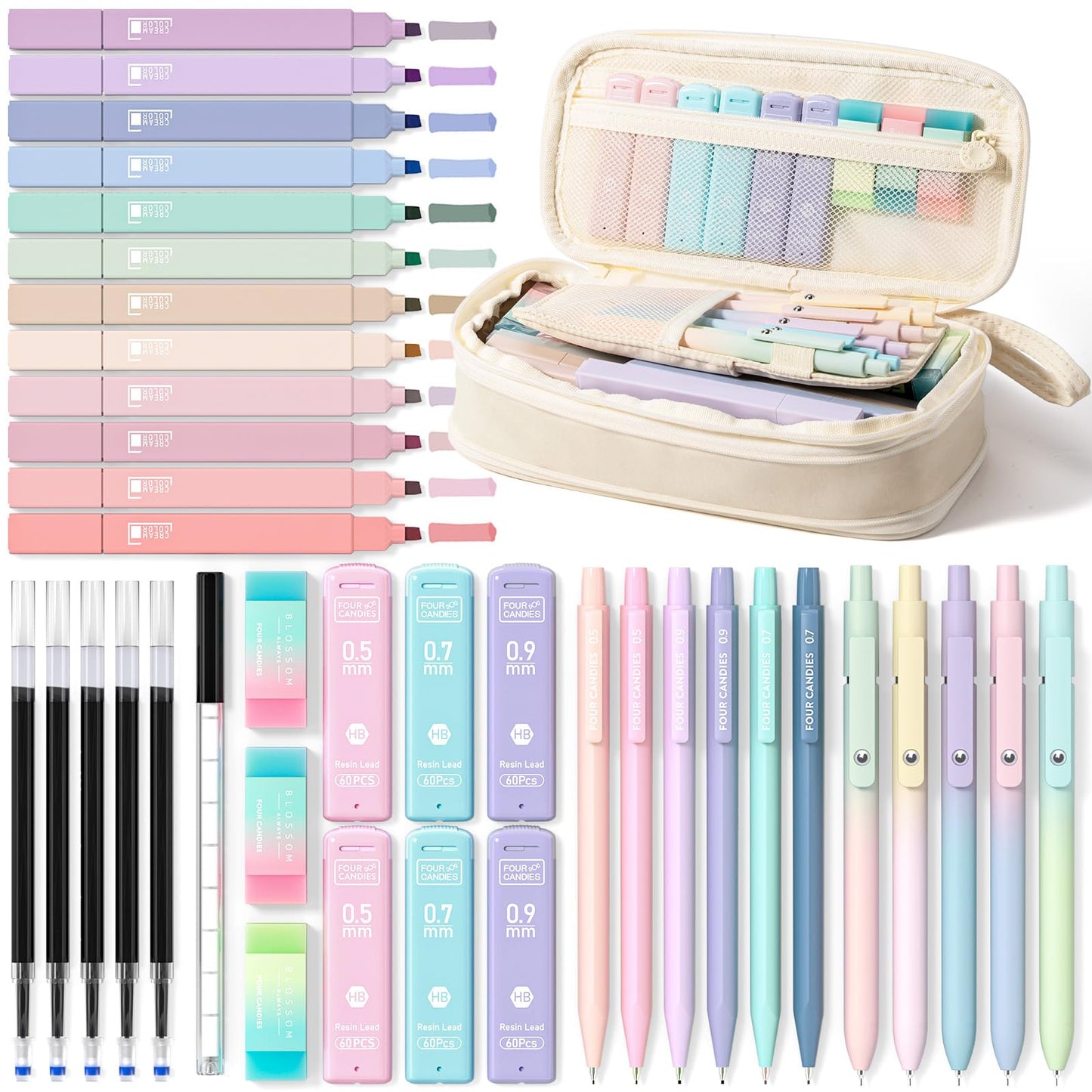Four Candies School Supplies with Cute Pen Case, 39ct, Pink | Back to School Stationery Set, Essentials for College & Nursing Students, 5 Gel Pens, 6 Mechanical Pencils, 12 Highlighters