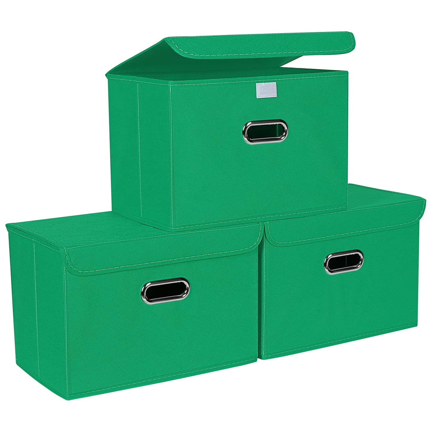 STOREONE Fabric Storage Cube Bins Foldable Organizer Container Collapsible Basket with Lids and Metal Handles, for Home, Bedroom, Closet (Black, 3 Pcs)