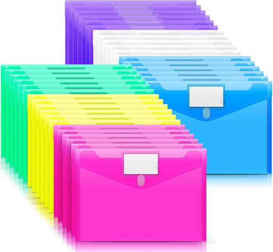 Sooez 36 Pack File Folders, Clear Poly Envelopes Plastic Folders A4 Pouch | Folder for Documents Letter A4 Size with Label Pocket, Teacher School Office Supplies Organization Storage, Assorted Color