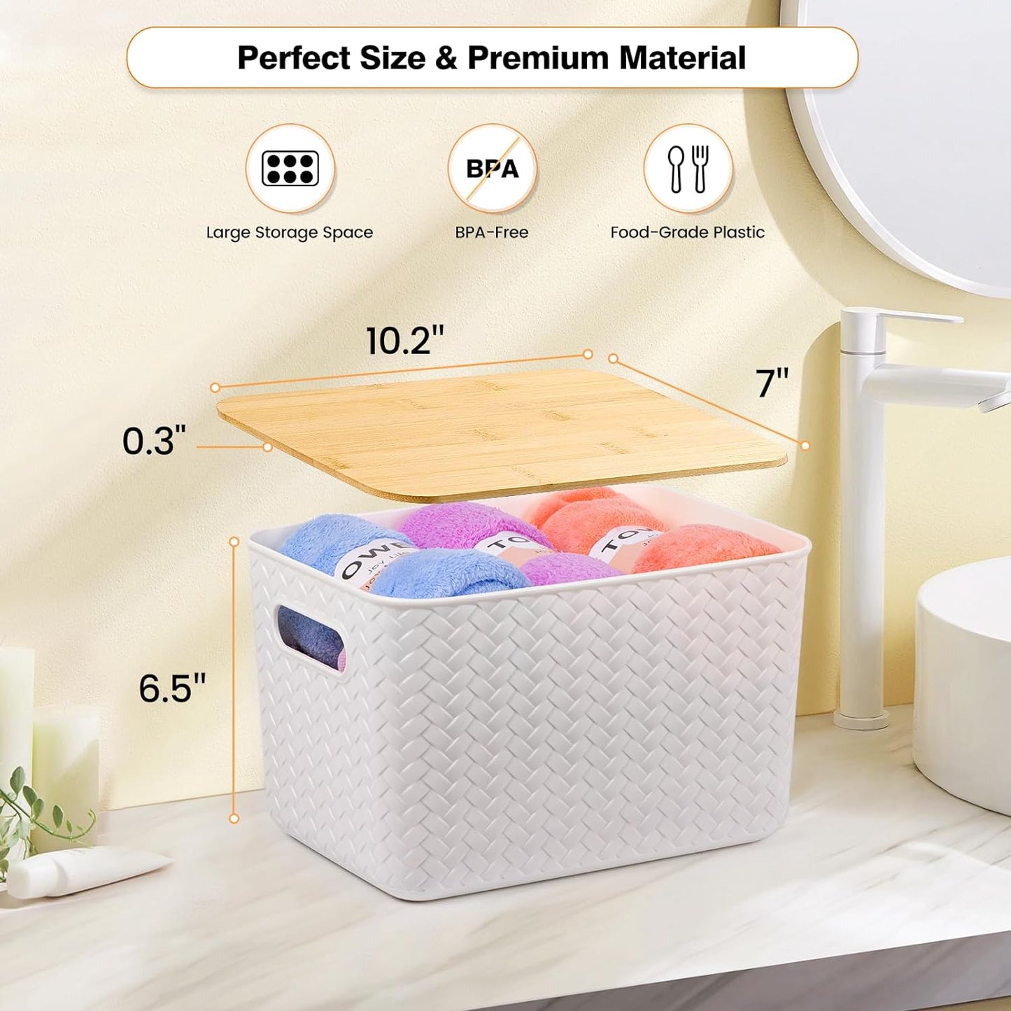 Ohmlove 4 Packs Storage Bins with Bamboo Lids - Plastic Storage Containers with Lids Stackable Storage Box：Storages Baskets for Organizing Desktop Closet Playroom Classroom Office,White