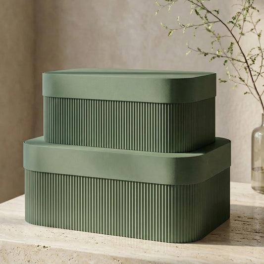 ZICOTO Decorative Storage Boxes with Lids - Set of 2 Beautiful Fluted Photo Organizer Bins for Your Home Bookshelf Decor to Safely Store Your Documents, Memory Box Items and Other Keepsakes in Style