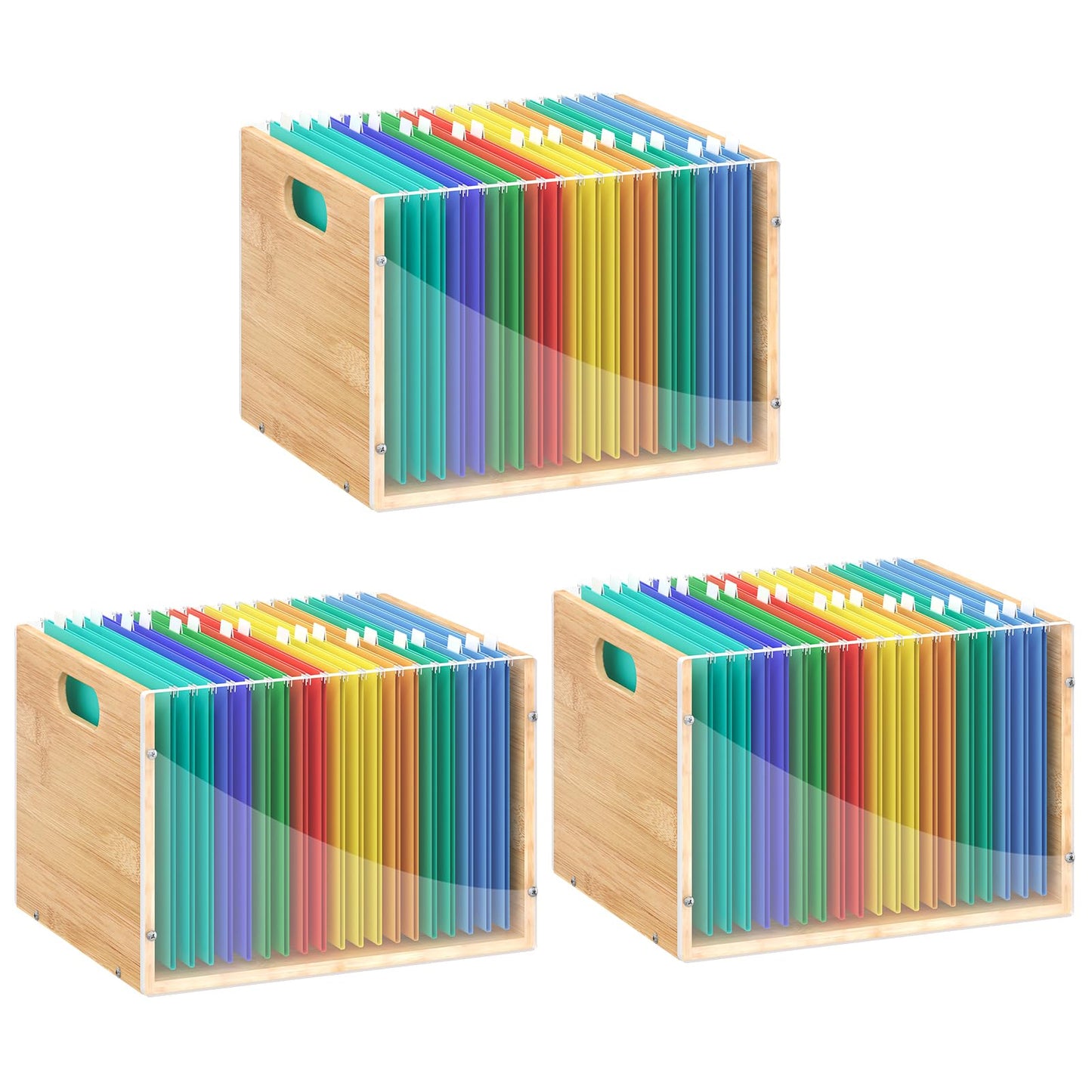 Sbanmao Clear Acrylic File Box Organizer, Bamboo Hanging Folder Storage Boxes, Filing Crate Bin Holder with Handle for Home Office Desk, Letter Size
