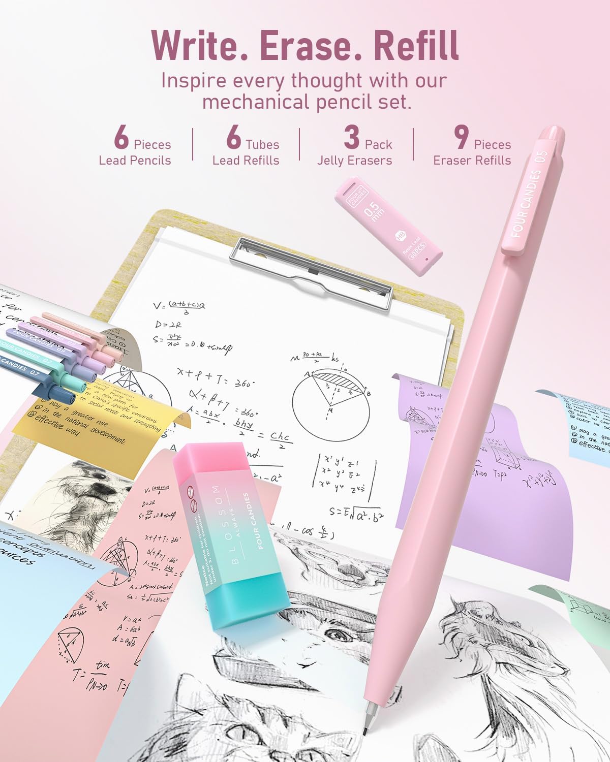 Four Candies School Supplies with Cute Pen Case, 39ct, Pink | Back to School Stationery Set, Essentials for College & Nursing Students, 5 Gel Pens, 6 Mechanical Pencils, 12 Highlighters