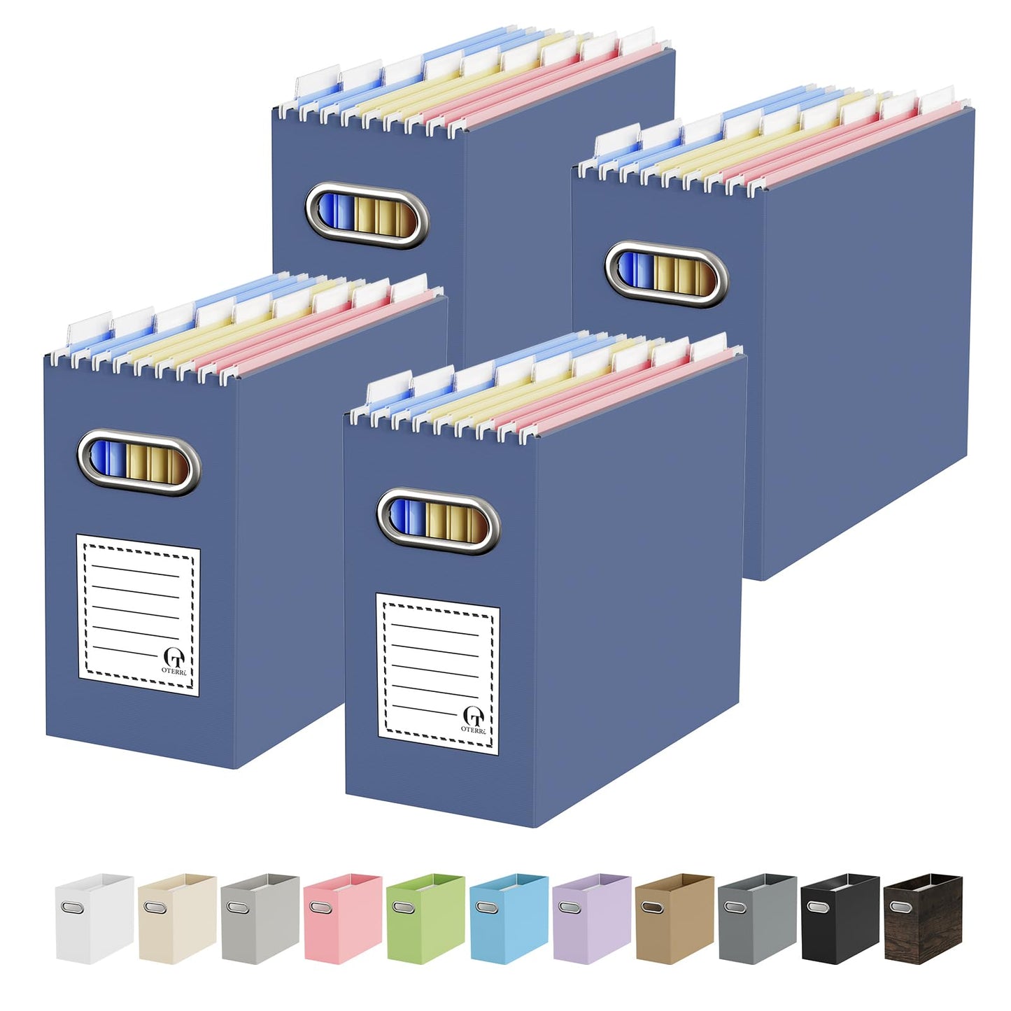 Portable Collapsible Cardboard File Box with Handle for Letter-Size | 4-Pack. Stainless Steel Handle. Label Stickers Included. Fits Letter Folders (Not Included). Home, Office, School, Dorm, Tax.