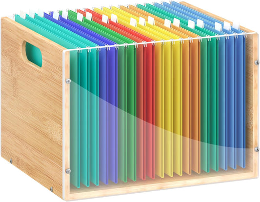 Sbanmao Clear Acrylic File Box Organizer, Bamboo Hanging Folder Storage Boxes, Filing Crate Bin Holder with Handle for Home Office Desk, Letter Size