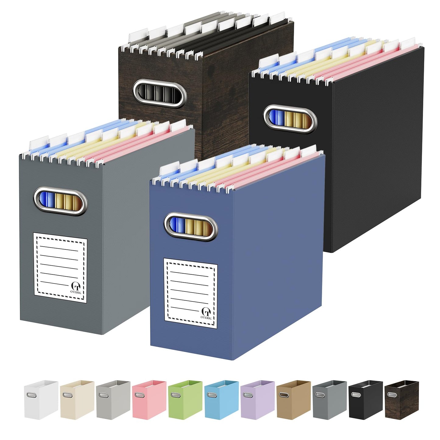 Portable Collapsible Cardboard File Box with Handle for Letter-Size | 4-Pack. Stainless Steel Handle. Label Stickers Included. Fits Letter Folders (Not Included). Home, Office, School, Dorm, Tax.