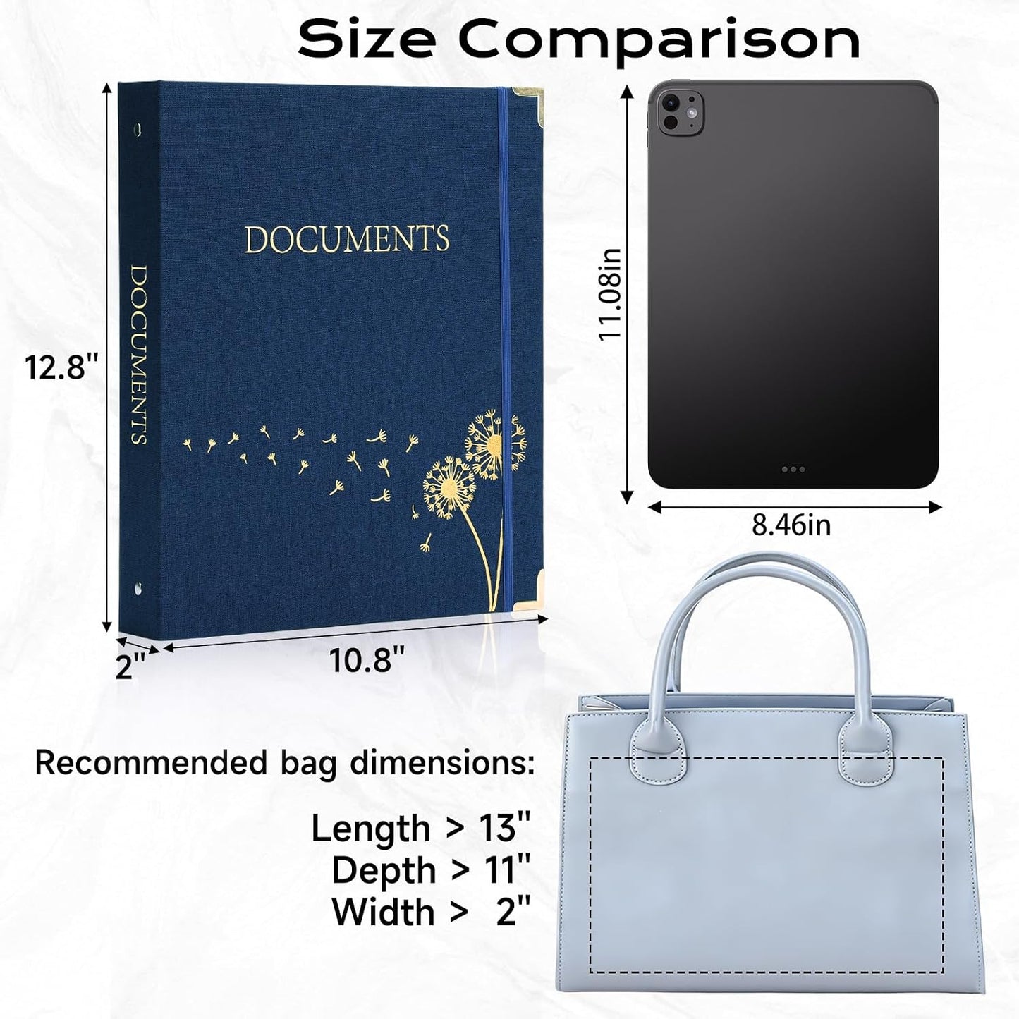 XKDOUS Important Document Organizer 3 Ring Linen Binders Folio File Folders | Navy Expanding Storage Holder with Gold-foiled Hardcover, 9 Pockets & Labels for A4, Letter Size Papers, Home & Office