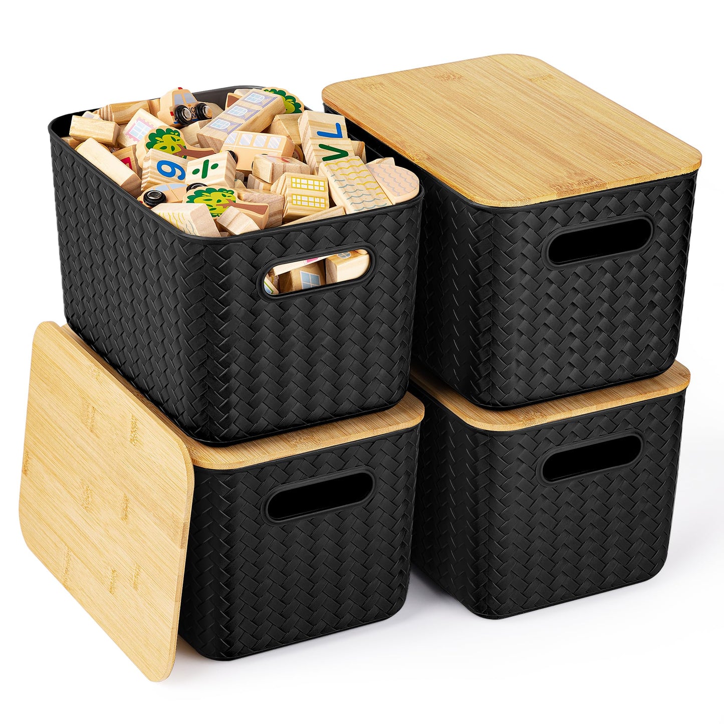 Ohmlove 4 Packs Storage Bins with Bamboo Lids - Plastic Storage Containers with Lids Stackable Storage Box：Storages Baskets for Organizing Desktop Closet Playroom Classroom Office,White
