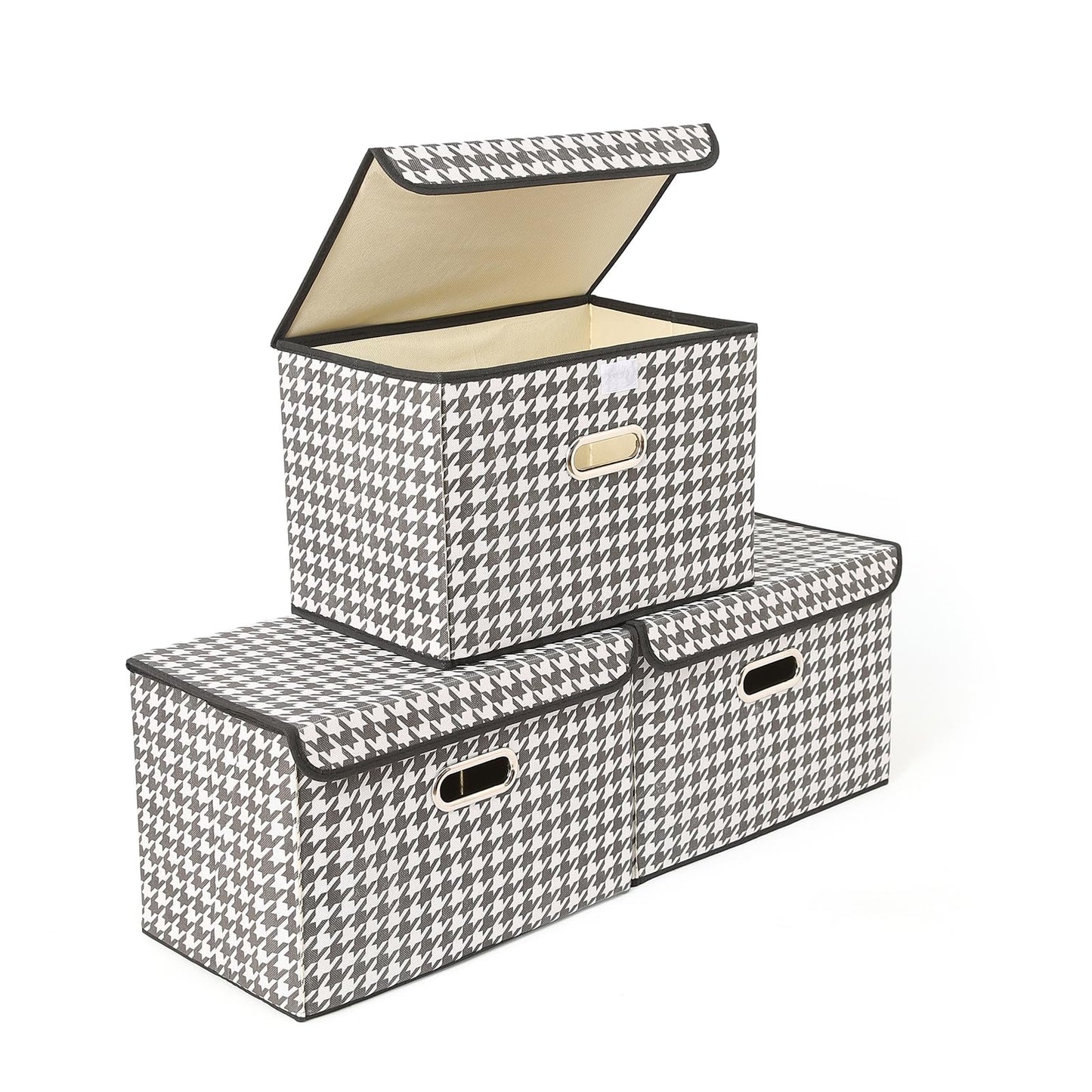 STOREONE Fabric Storage Cube Bins Foldable Organizer Container Collapsible Basket with Lids and Metal Handles, for Home, Bedroom, Closet (Black, 3 Pcs)