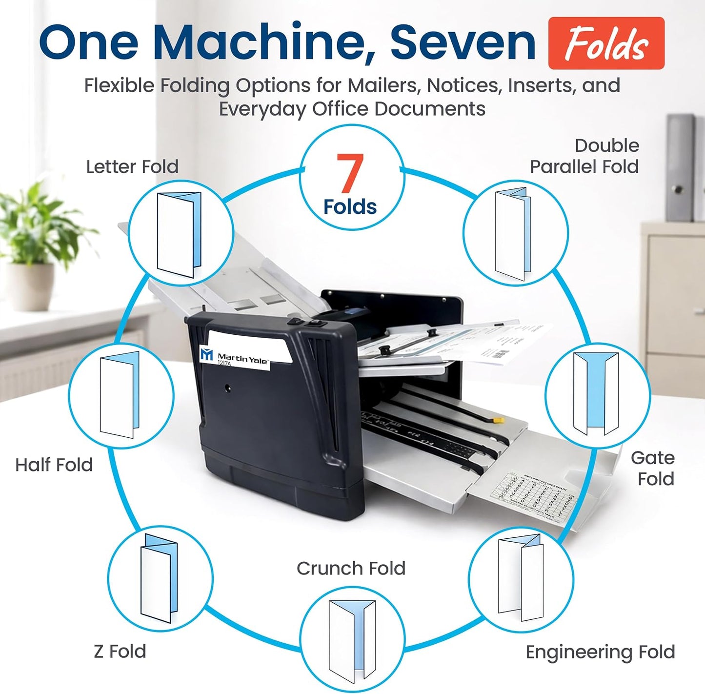 Martin Yale 1217A Automatic Paper Folder Machine, Medium Duty Auto Feed Document Folder for Offices, Schools, Mailrooms, and Churches, 7 Fold Types, 250 Sheet Capacity, Up to 10,300 Sheets per Hour