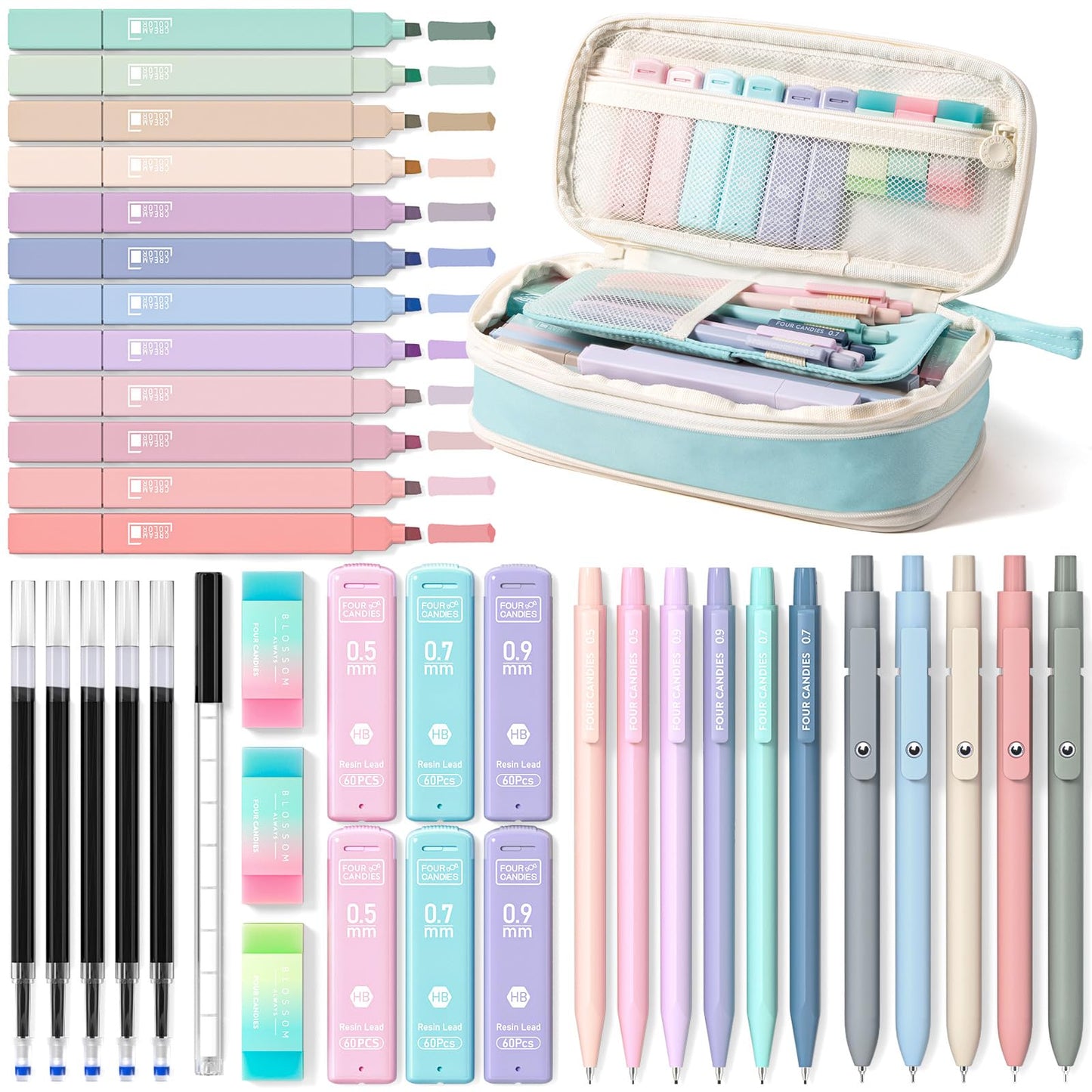 Four Candies School Supplies with Cute Pen Case, 39ct, Pink | Back to School Stationery Set, Essentials for College & Nursing Students, 5 Gel Pens, 6 Mechanical Pencils, 12 Highlighters