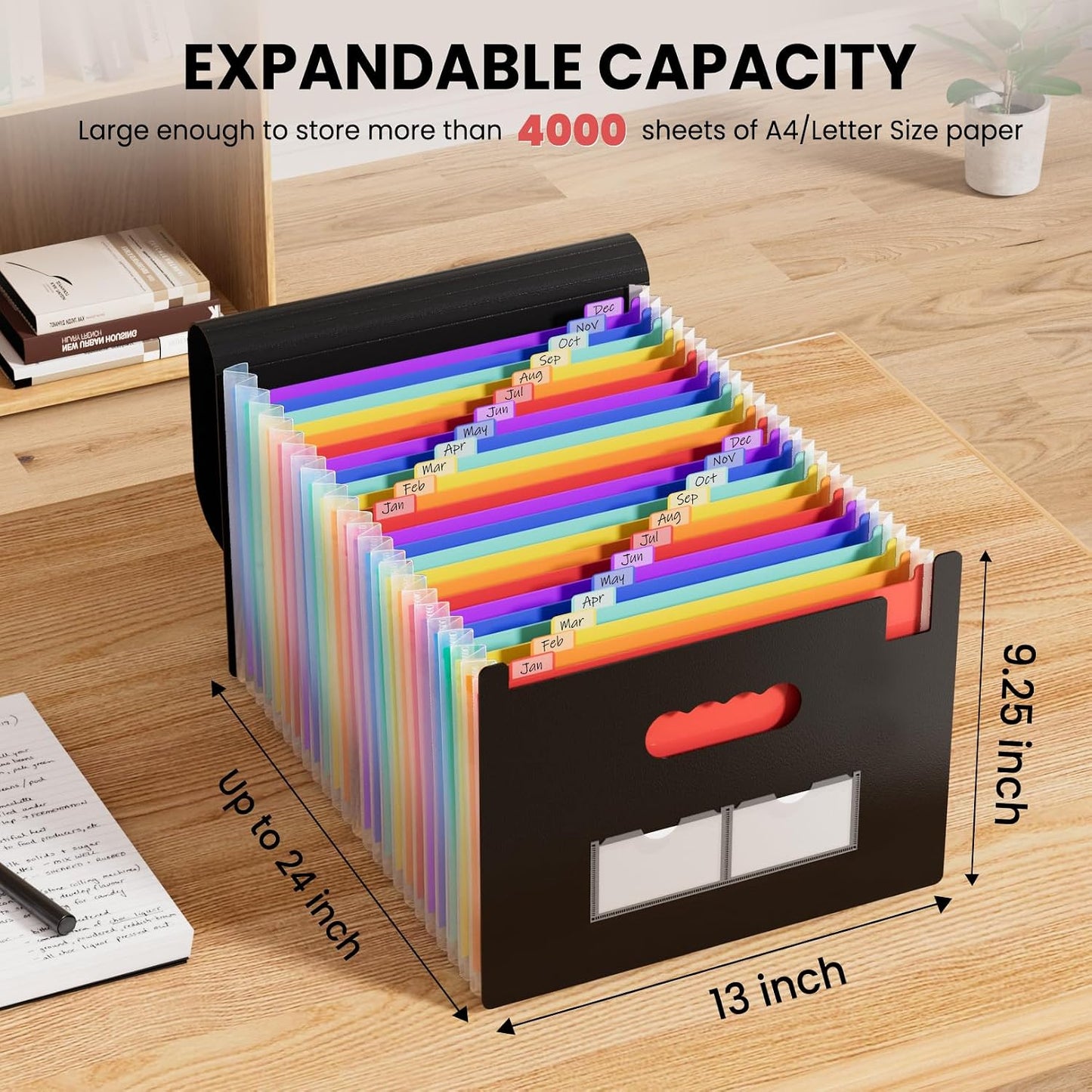 Sooez 24 Pockets Expanding File Folder, Accordion File Organizer, Letter/A4 | Expandable Cover, Desktop Accordion Folders Letter A4 Paper Document Storage Organizer, Black