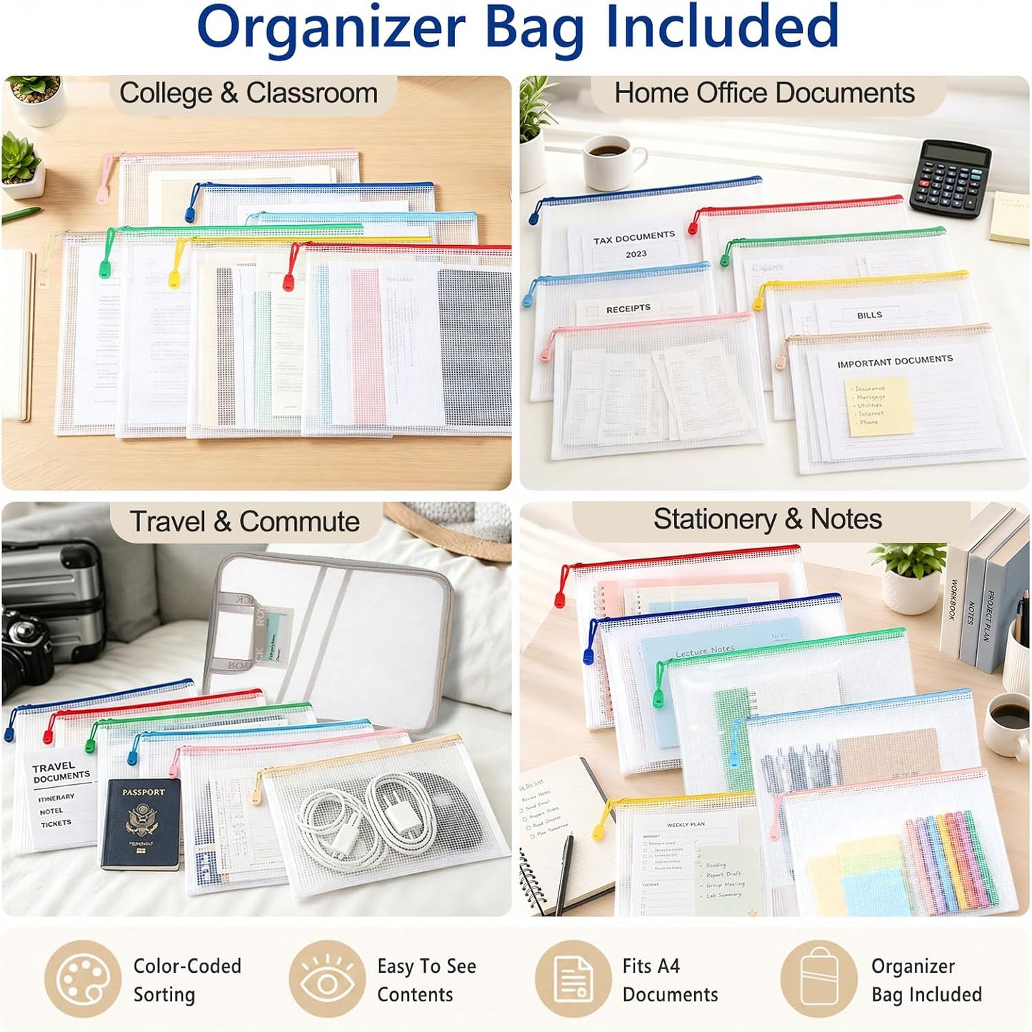7 Pack PVC Mesh Zipper Pouch Set with 1 Organizer Bag, 8pcs | A4/Letter Size Translucent File Bags Water-Resistant Plastic Document Pouches for Office College School & Travel Supplies