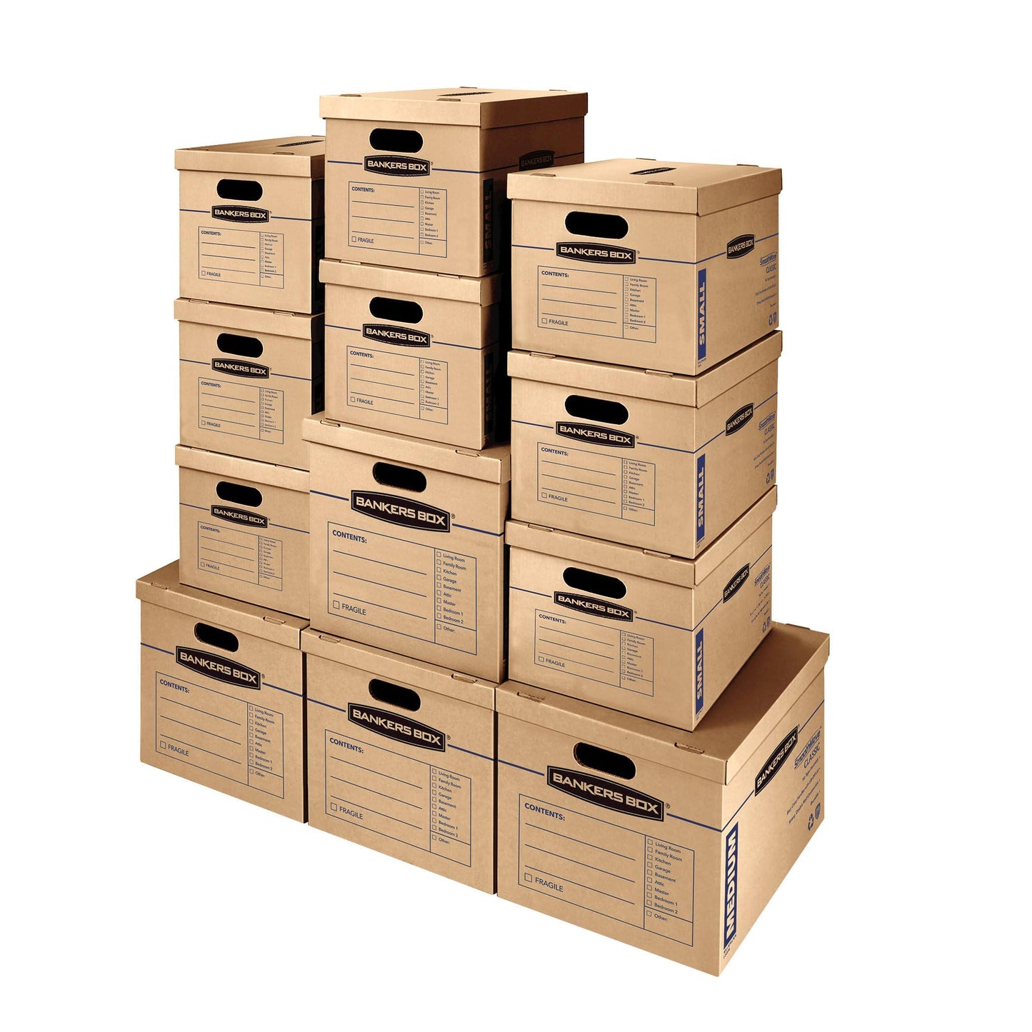 Bankers Box Classic Moving Box 12 Pack Kit, Reinforced Handles, Tape-Free Assembly, Box with Lid, 8 Small and 4 Medium Boxes (7716401) | Take the guesswork out of moving with a mixed box kit built for small, medium, and large household items.