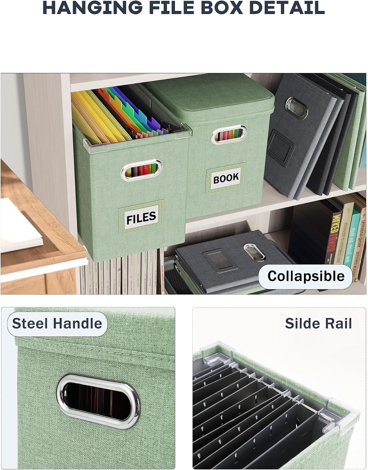 File Organizer Box with Lid, Hanging Filing File Box with Mesh Pocket, Document Organizer Box for Letter Files, Portable Storage Box(1 PCS, Green)