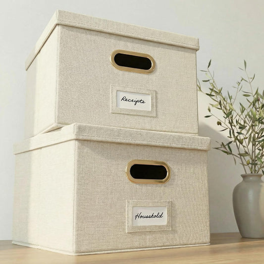 Decorative File Organizer Box Set of 2 - Collapsible Linen Filing Cabinets | Stores Documents and Hanging File Folders - Portable Office Crates with Lid and Handles for Easy Slide Access