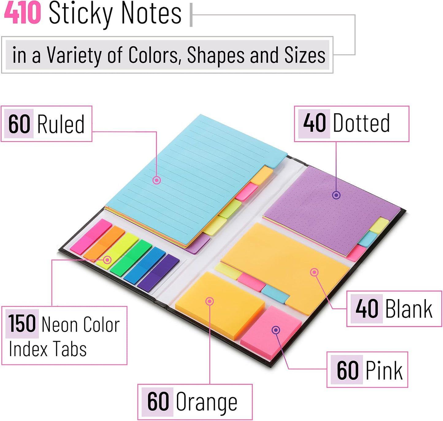 Mr. Pen- Sticky Notes Set, 410 Pack, Ruled, Dotted & Blank Notes | with 150 Index Tabs, Divider Sticky Pads for Bible Study, Office, School, Planning