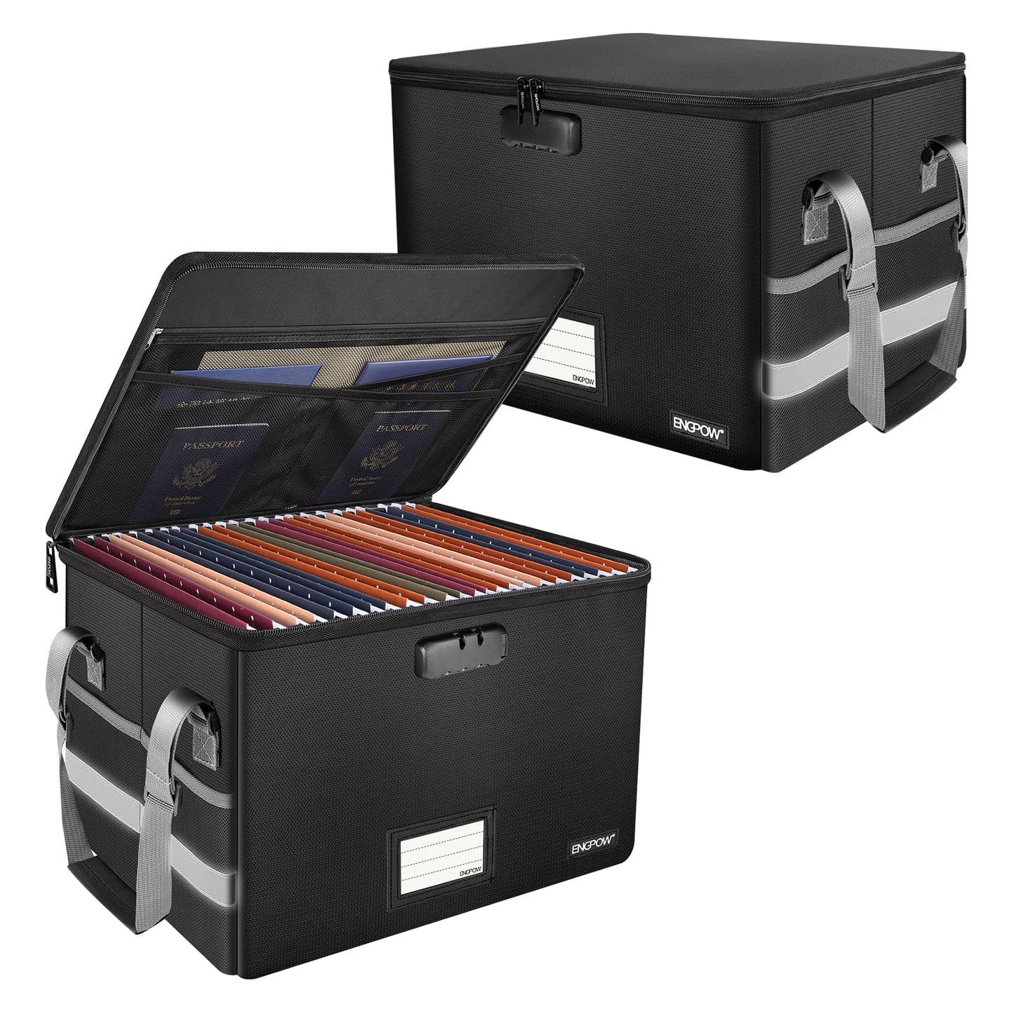ENGPOW File Box with Lock,Fireproof Document Box with Zipper＆Pockets,Collapsible File Organizer Filing Storage Cabinet with Handle,Portable Home Office Safe for Hanging Letter/Legal Folder,Black