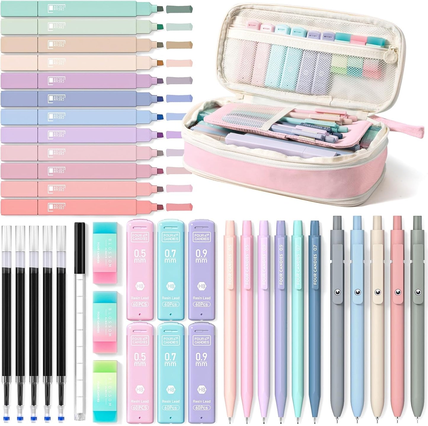 Four Candies School Supplies with Cute Pen Case, 39ct, Pink | Back to School Stationery Set, Essentials for College & Nursing Students, 5 Gel Pens, 6 Mechanical Pencils, 12 Highlighters
