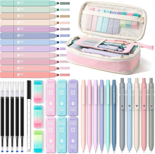 Four Candies School Supplies with Cute Pen Case, 39ct, Pink | Back to School Stationery Set, Essentials for College & Nursing Students, 5 Gel Pens, 6 Mechanical Pencils, 12 Highlighters
