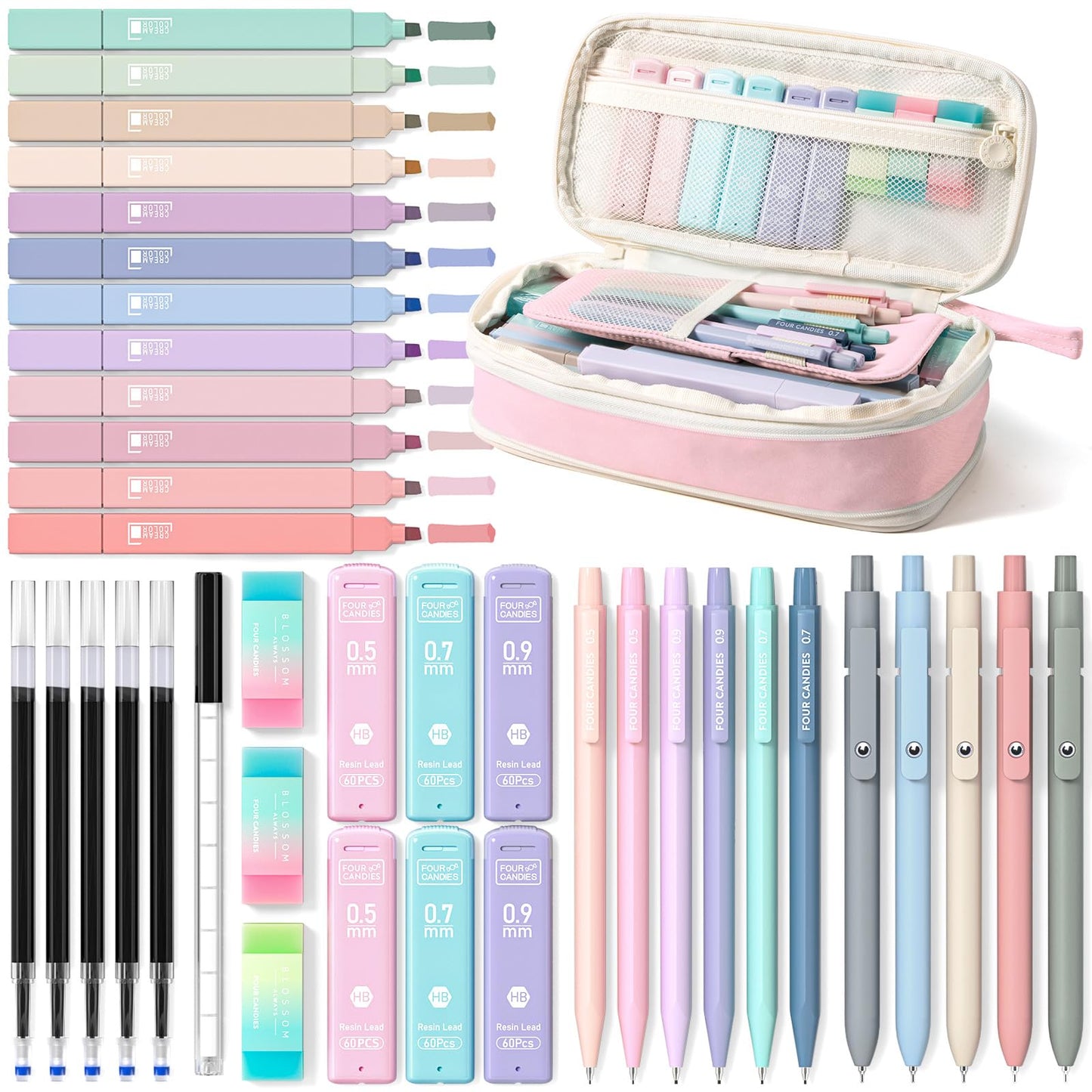 Four Candies School Supplies with Cute Pen Case, 39ct, Pink | Back to School Stationery Set, Essentials for College & Nursing Students, 5 Gel Pens, 6 Mechanical Pencils, 12 Highlighters