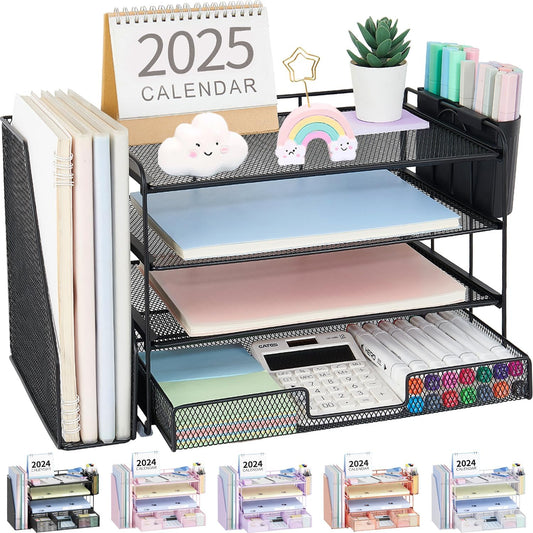 Desk Organizer, 4-Tier Desktop File Organizer with Drawer and Pen Holders, Office Desk Accessories, File Sorters, Workspace Organizers for Office Supplies(Black)