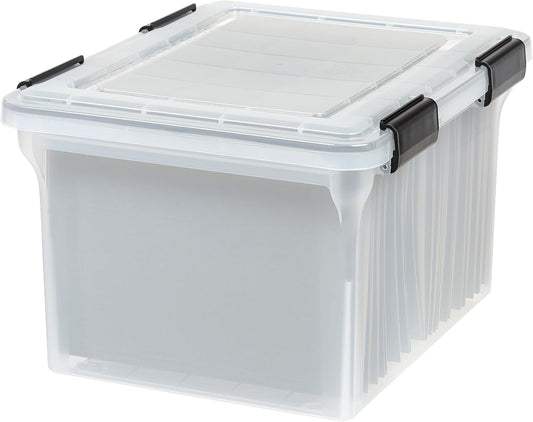 IRIS USA WeatherPro File Box Organizer, Letter/Legal, 32 Qt. Clear | Protect files and paperwork with a durable design featuring secure closure and convenient organization