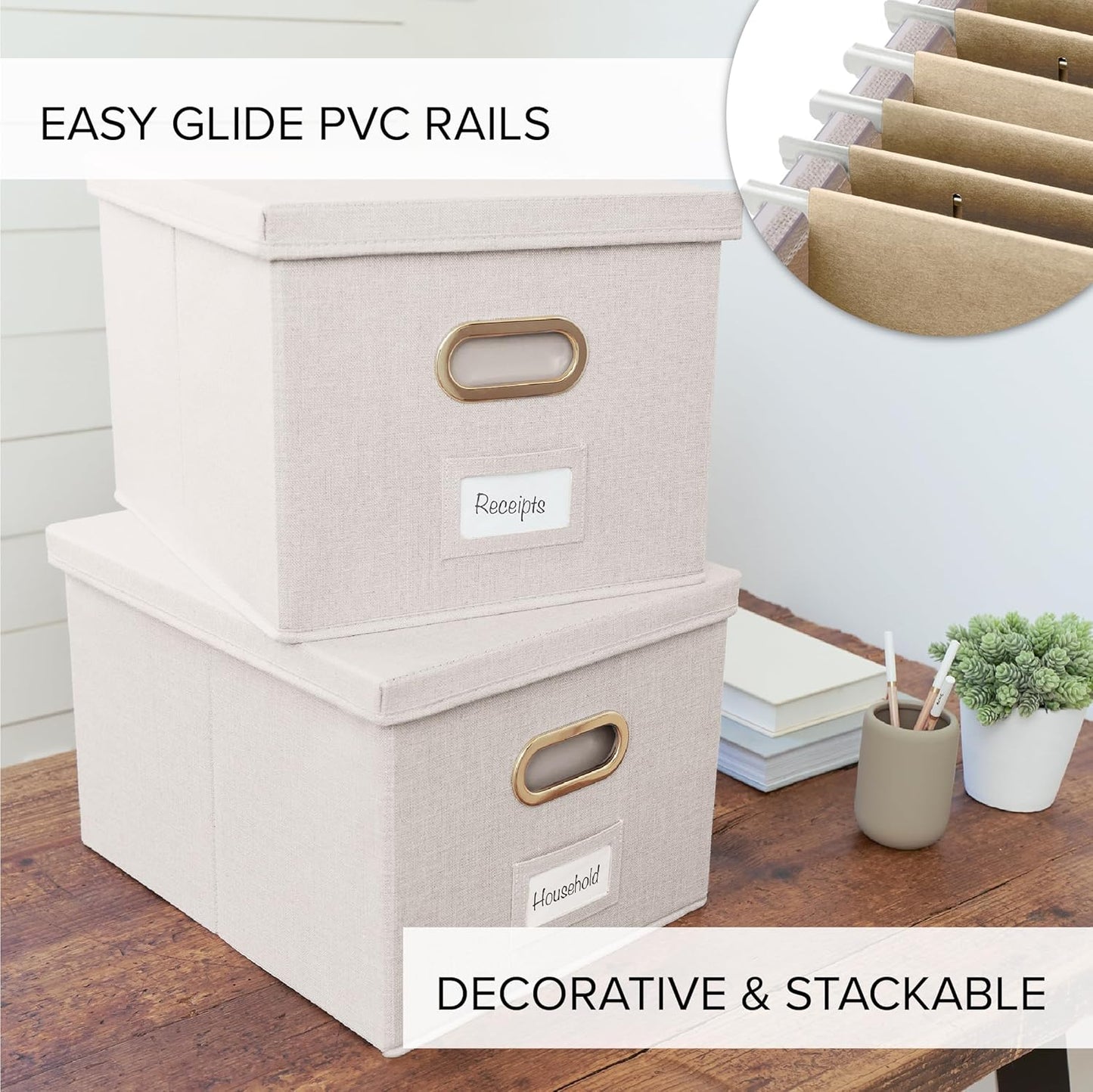 Decorative File Organizer Box Set of 2 - Collapsible Linen Filing Cabinets | Stores Documents and Hanging File Folders - Portable Office Crates with Lid and Handles for Easy Slide Access