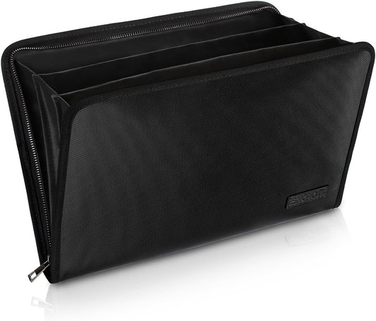 ENGPOW Fireproof Expanding File Folder, 3 Pockets Document Organizer Bag | File Organizer with Zipper＆Labels,Portable Wallet Pouch,Home Travel Safe Storage for A4/Letter Size Paper and More,Black
