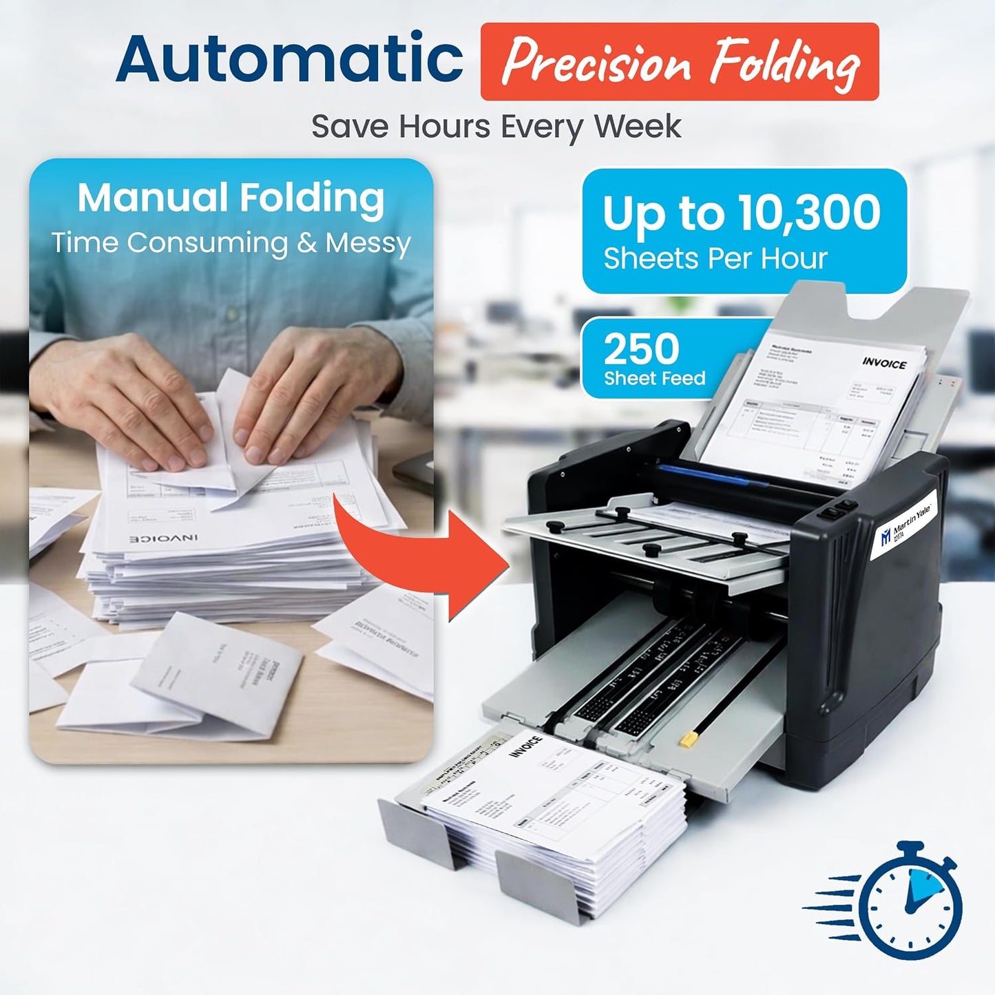 Martin Yale 1217A Automatic Paper Folder Machine, Medium Duty Auto Feed Document Folder for Offices, Schools, Mailrooms, and Churches, 7 Fold Types, 250 Sheet Capacity, Up to 10,300 Sheets per Hour