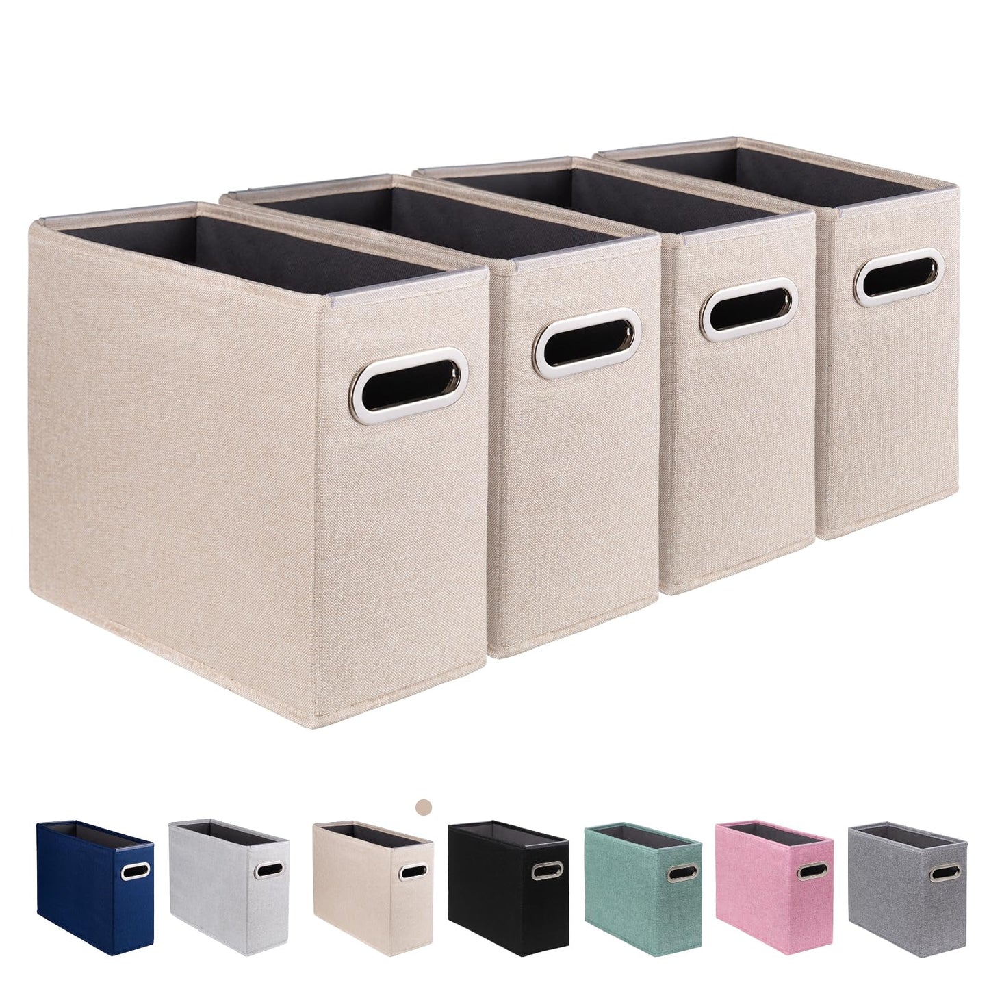 4 Pack Letter Size File Storage Box Collapsible, Fabric Hanging File Folders Organizer, Portable Office Document Holder with Metal Handle, Smooth PVC Rails, Beige
