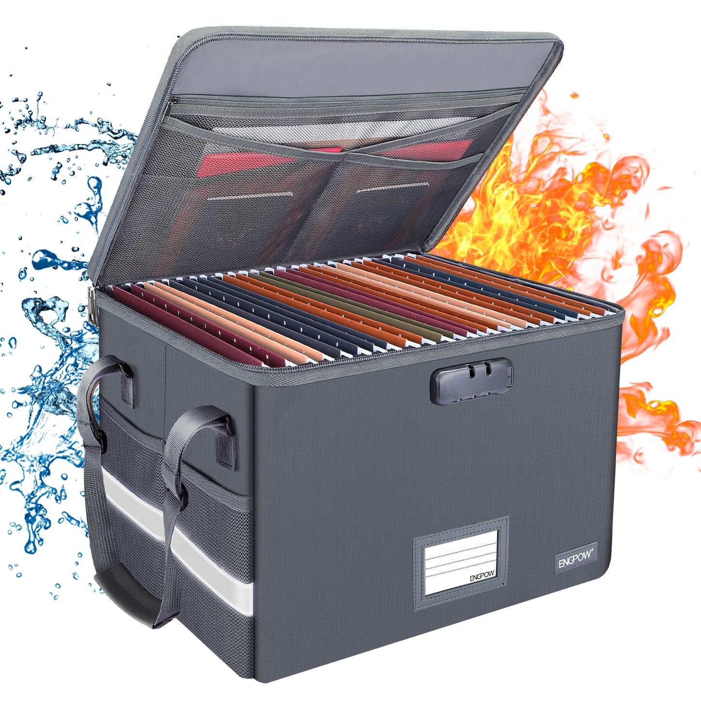 ENGPOW File Box with Lock,Fireproof Document Box with Zipper＆Pockets,Collapsible File Organizer Filing Storage Cabinet with Handle,Portable Home Office Safe for Hanging Letter/Legal Folder,Black