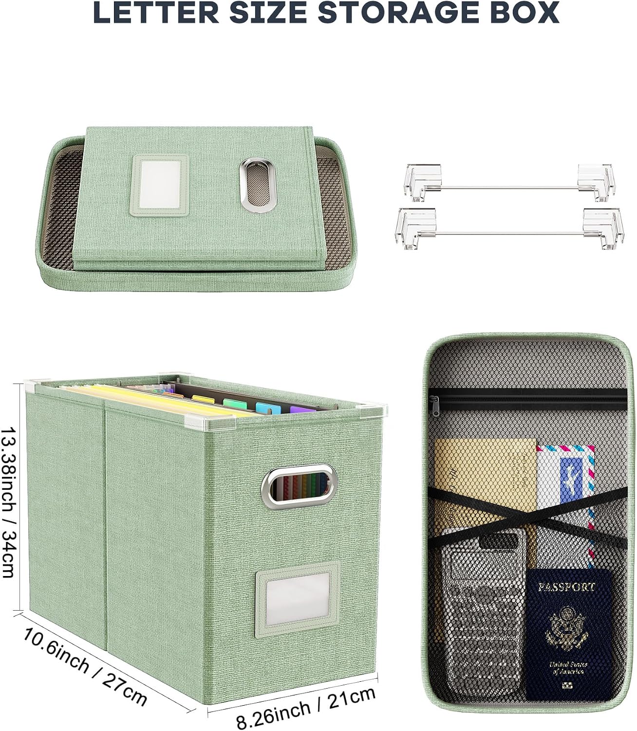 File Organizer Box with Lid, Hanging Filing File Box with Mesh Pocket, Document Organizer Box for Letter Files, Portable Storage Box(1 PCS, Green)