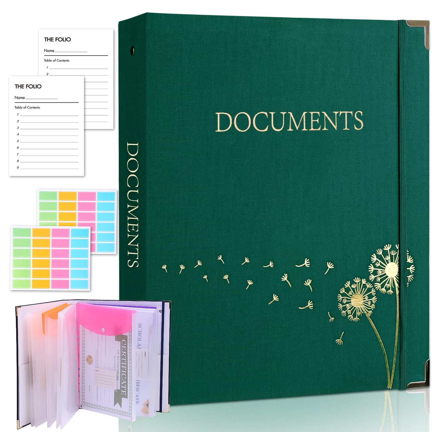 XKDOUS Important Document Organizer 3 Ring Linen Binders Folio File Folders | Navy Expanding Storage Holder with Gold-foiled Hardcover, 9 Pockets & Labels for A4, Letter Size Papers, Home & Office
