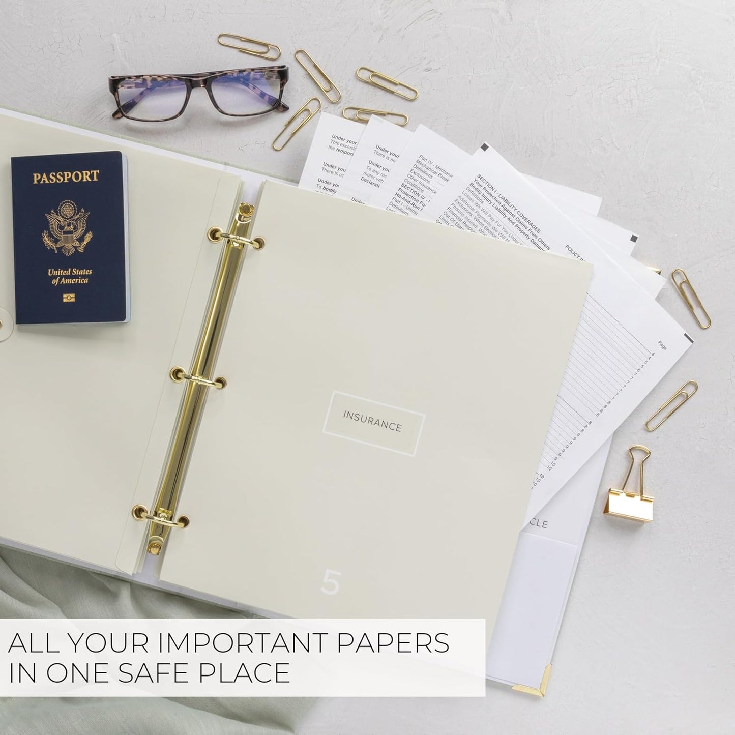 Important Document Organizer Set with Folders - Complete Linen Ring Binder Set Safely Stores All Documents & Files in One Place - Easy to Use Expanding Storage Incl. Envelopes, Pockets & Labels