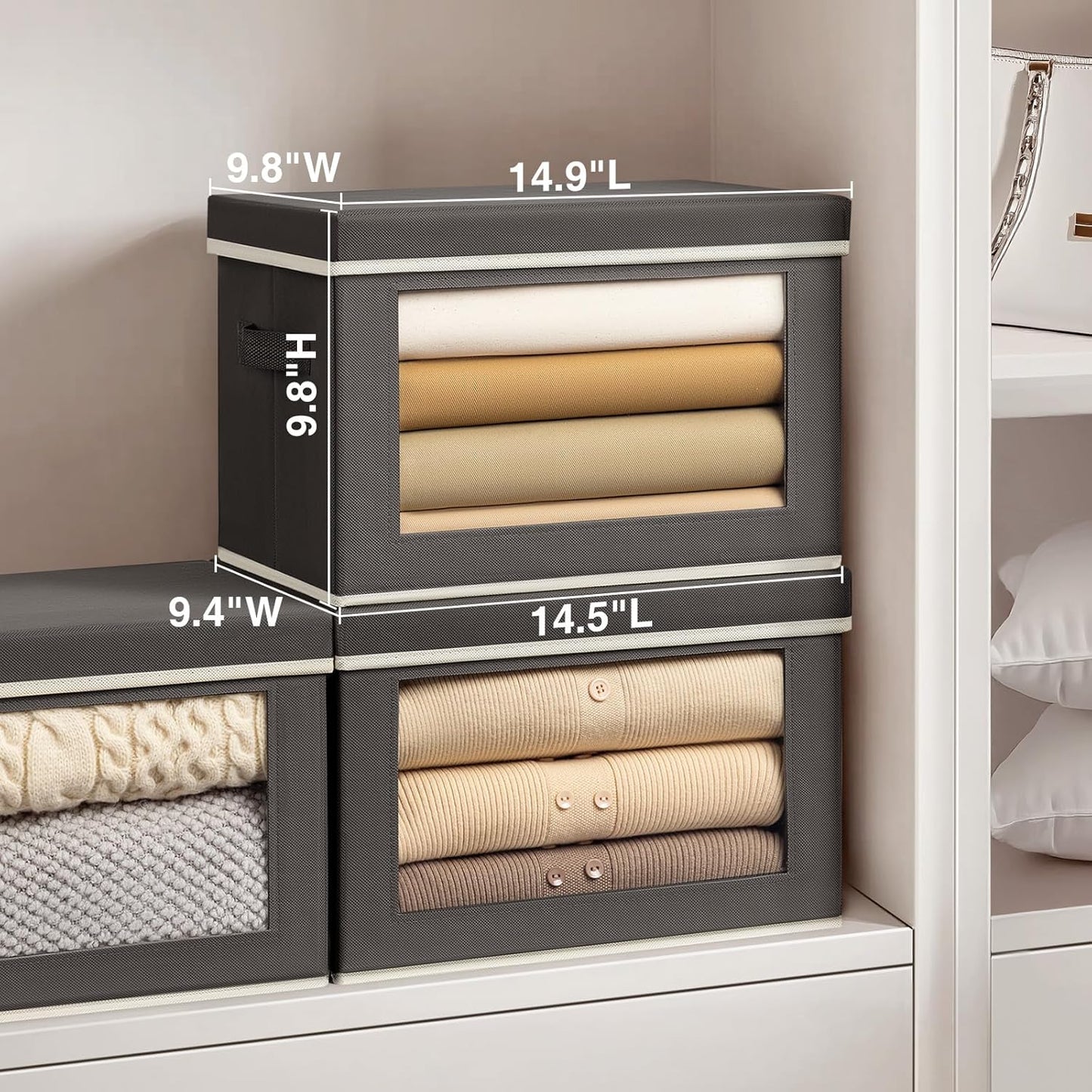 Storage Bins with Lids - Fabric Storage Boxe with Window, Collapsible Closet Organizers with Handles, 3 Pack Decorative Bin, Home Cubes Baskets for Clothes, Hat, Books, Dark Grey