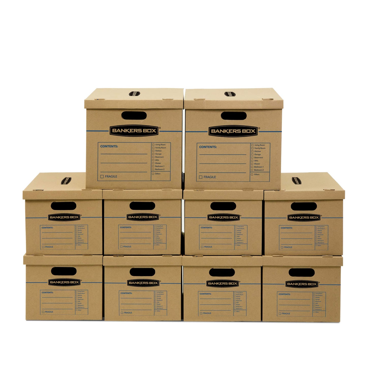 Bankers Box Classic Moving Box 12 Pack Kit, Reinforced Handles, Tape-Free Assembly, Box with Lid, 8 Small and 4 Medium Boxes (7716401) | Take the guesswork out of moving with a mixed box kit built for small, medium, and large household items.