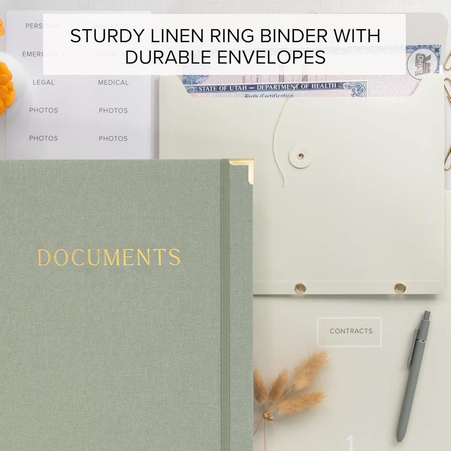 Important Document Organizer Set with Folders - Complete Linen Ring Binder Set Safely Stores All Documents & Files in One Place - Easy to Use Expanding Storage Incl. Envelopes, Pockets & Labels
