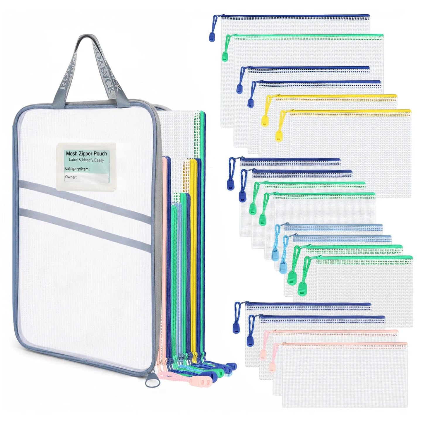 7 Pack PVC Mesh Zipper Pouch Set with 1 Organizer Bag, 8pcs | A4/Letter Size Translucent File Bags Water-Resistant Plastic Document Pouches for Office College School & Travel Supplies