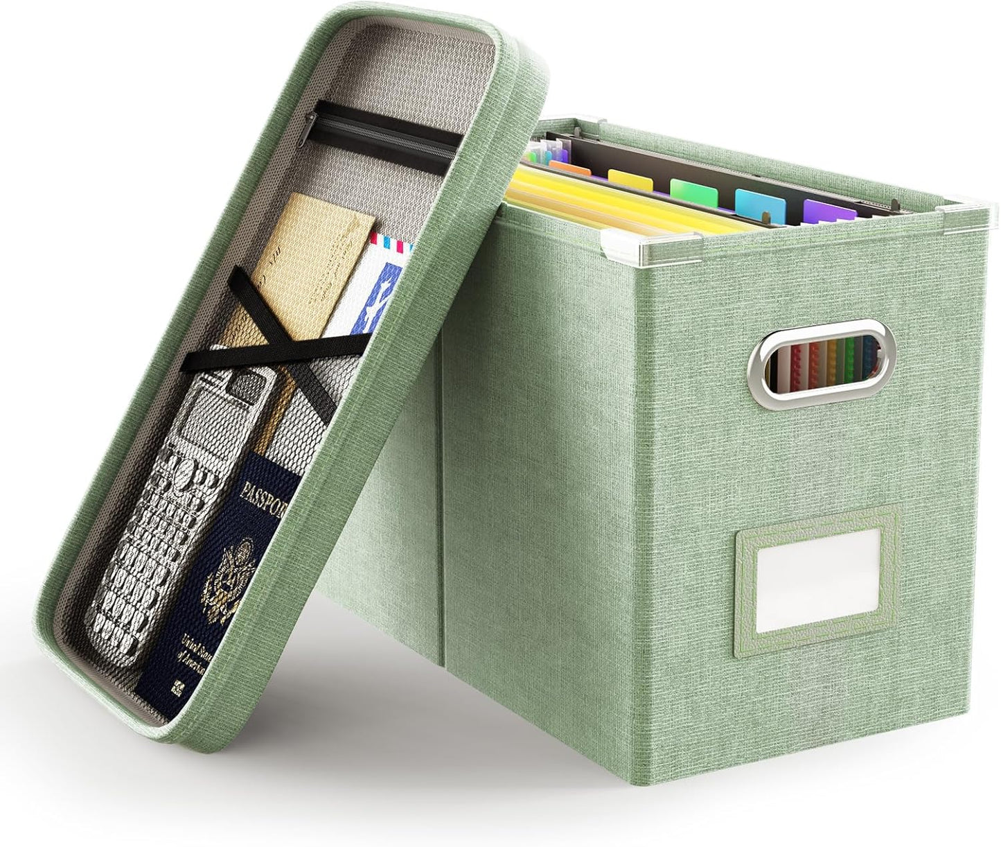 File Organizer Box with Lid, Hanging Filing File Box with Mesh Pocket, Document Organizer Box for Letter Files, Portable Storage Box(1 PCS, Green)