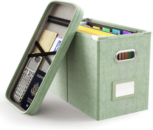 File Organizer Box with Lid, Hanging Filing File Box with Mesh Pocket, Document Organizer Box for Letter Files, Portable Storage Box(1 PCS, Green)