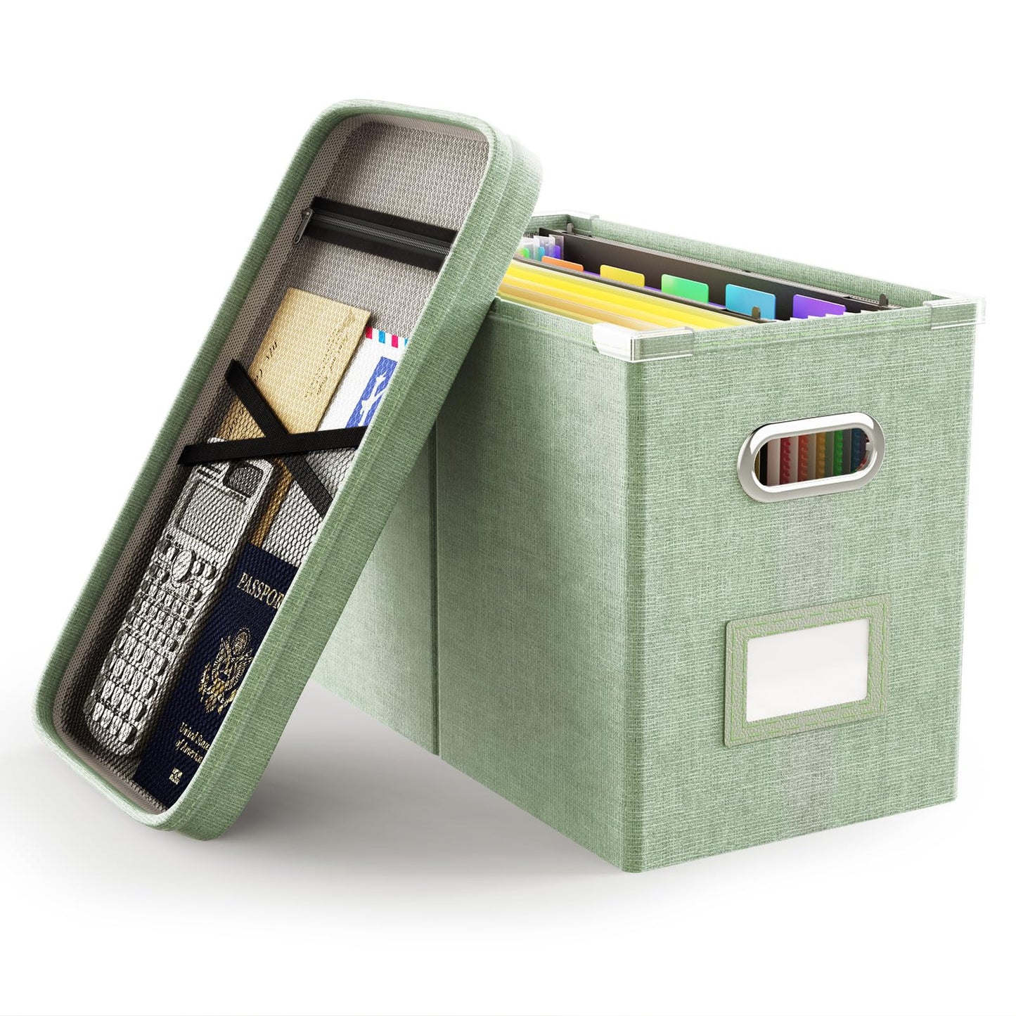 File Organizer Box with Lid, Hanging Filing File Box with Mesh Pocket, Document Organizer Box for Letter Files, Portable Storage Box(1 PCS, Green)