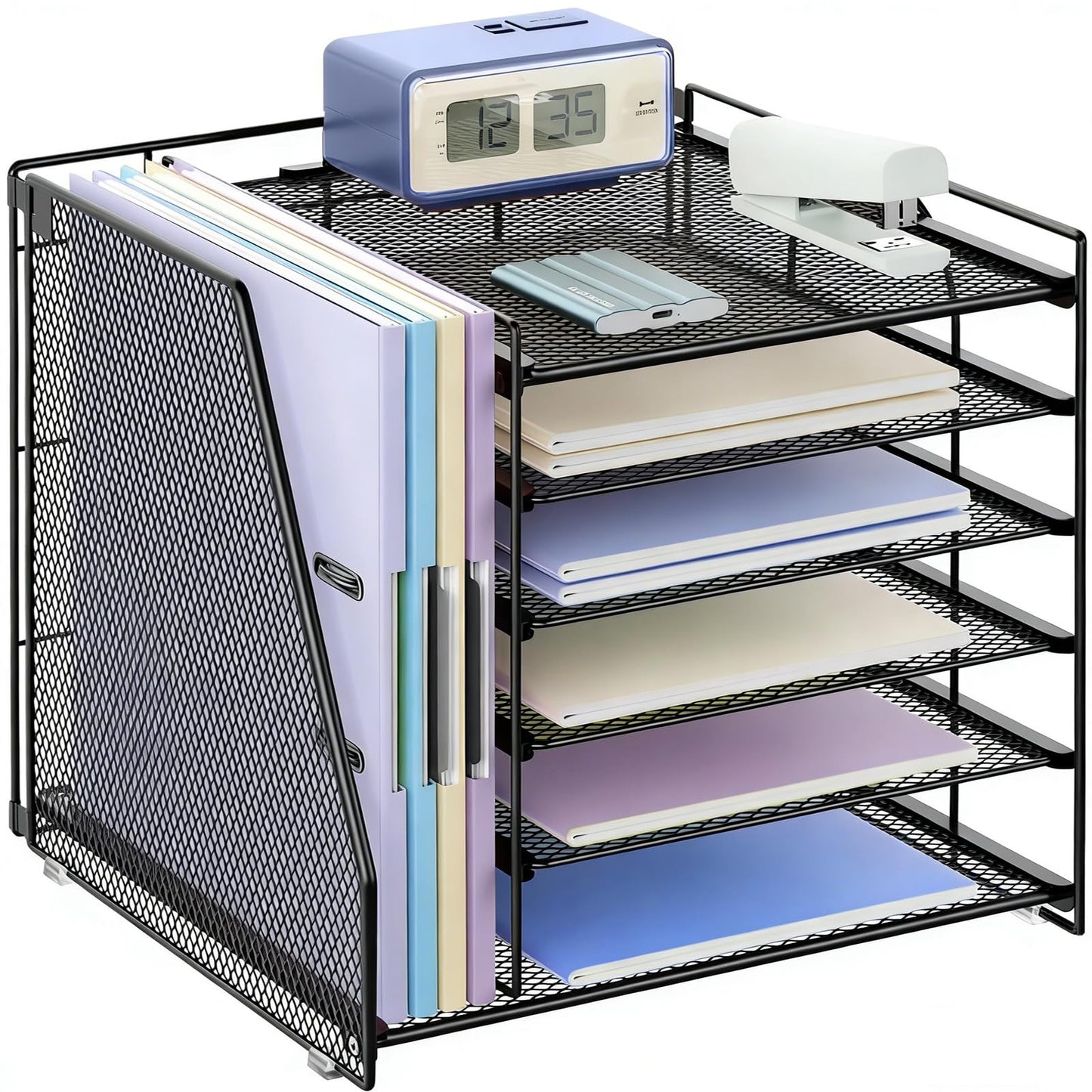 gianotter 4-Tier Paper Organizer With Magazine Holder | Desk Organizers and Accessories, File Organizer for Office Supplies Storag (Black, 4-Tier)