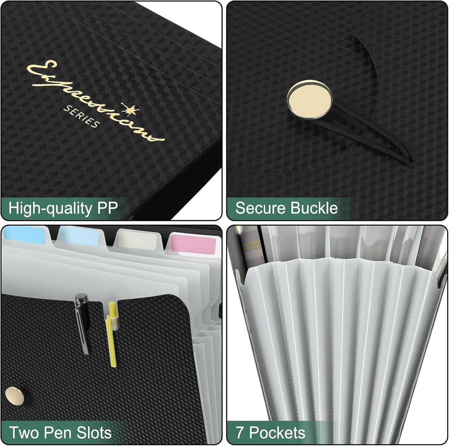 Sooez 7 Pocket Accordion File Organizer, Premium Expanding File Folder | Letter Size Folders for Documents, Sleek Filing Folders with Bungee Closure, Portable Folders School Office Supplies, Black