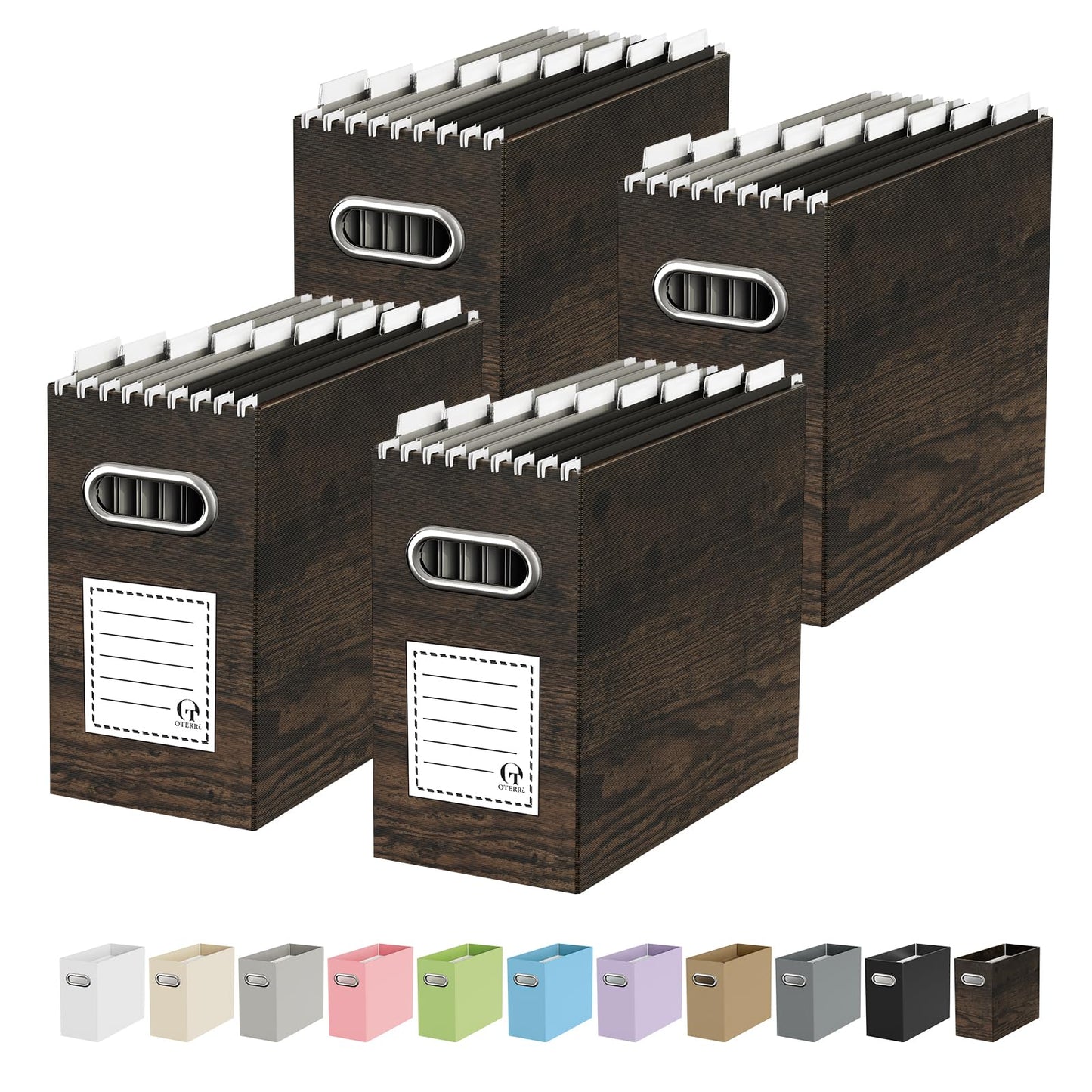 Portable Collapsible Cardboard File Box with Handle for Letter-Size | 4-Pack. Stainless Steel Handle. Label Stickers Included. Fits Letter Folders (Not Included). Home, Office, School, Dorm, Tax.