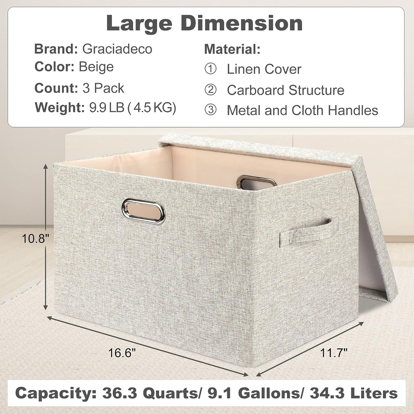 Graciadeco Large Quart Collapsible Stackable Storage Bins with Lids, 3 Packs Beige Linen Fabric Closet Boxes with Lids, Storage Cube Baskets Container Organizers for Bedroom Office(16.6 x 11.7 x 10.8) | 36 Quart 3 Pack Beige Collapsible Stackable Linen Fa