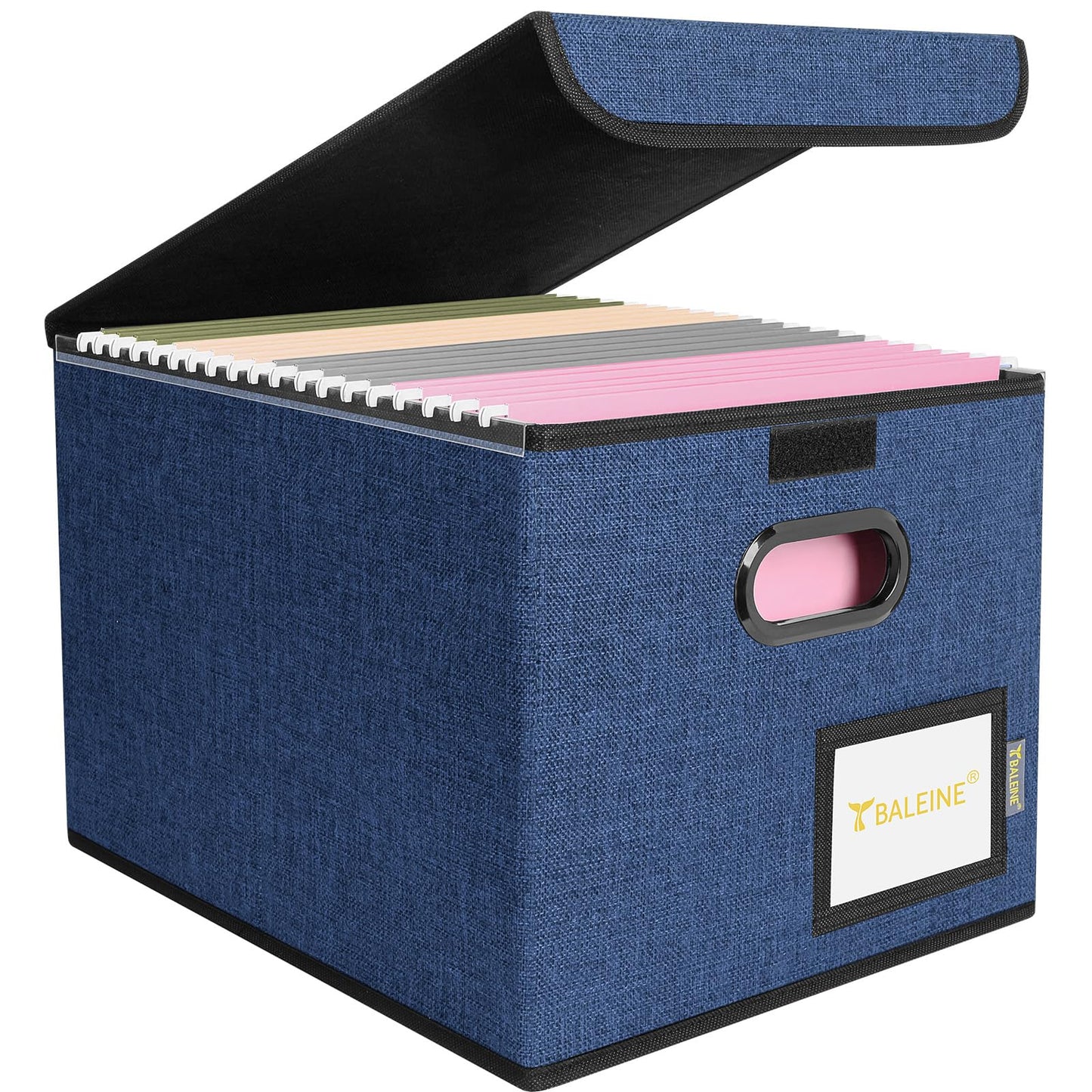BALEINE File Organizer Box with Lid, Collapsible File Folder Organizer with Plastic Slide, Hanging File Folder Box for Office Document Storage (1 Pack, Black)