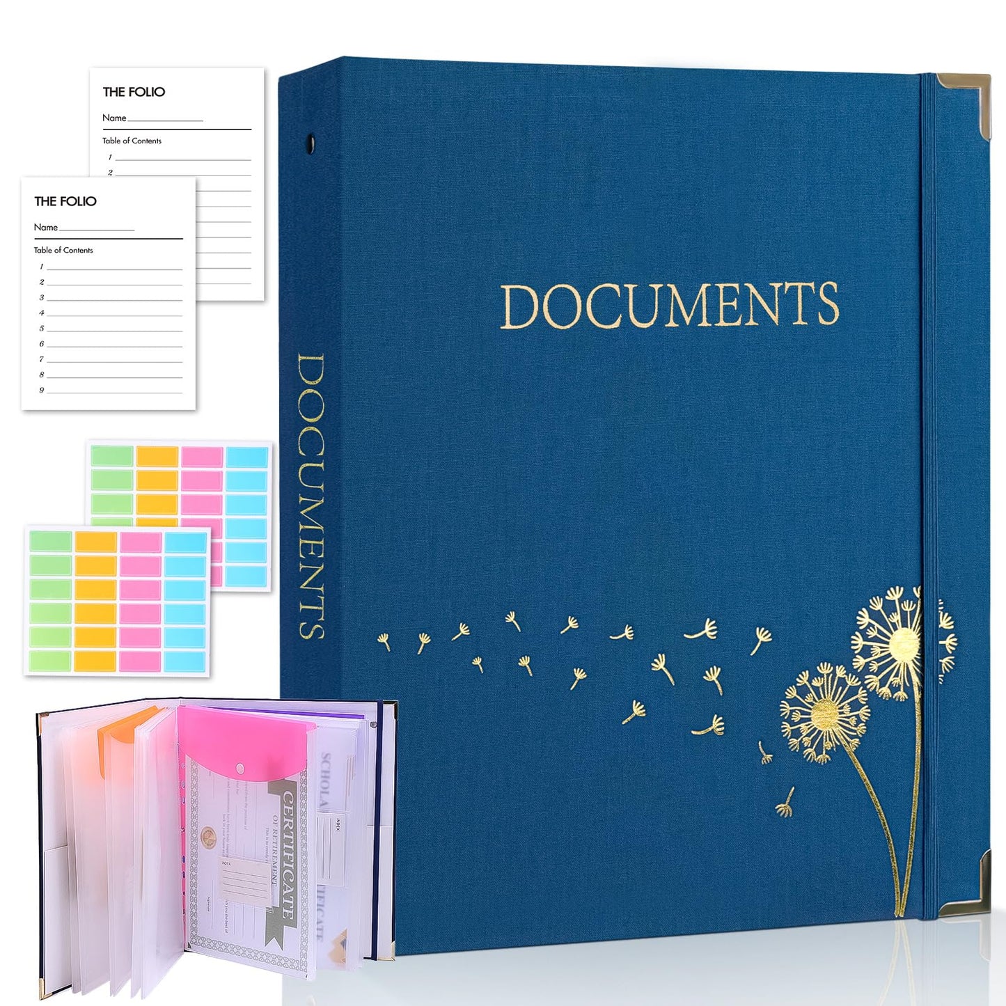 XKDOUS Important Document Organizer 3 Ring Linen Binders Folio File Folders | Navy Expanding Storage Holder with Gold-foiled Hardcover, 9 Pockets & Labels for A4, Letter Size Papers, Home & Office