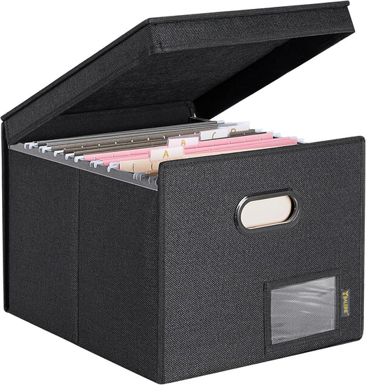 BALEINE File Organizer Box with Lid, Collapsible File Folder Organizer with Plastic Slide, Hanging File Folder Box for Office Document Storage (Tab Friendly, 1 Pack, Black)
